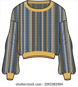 VERTICAL STRIPE YARN CROP SWEATER FOR WOMEN AND GIRLS IN EDITABLE VECTOR FILE