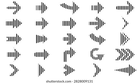 Vertical Striped Black and White Arrow Vectors Set with Linear Geometric Shapes