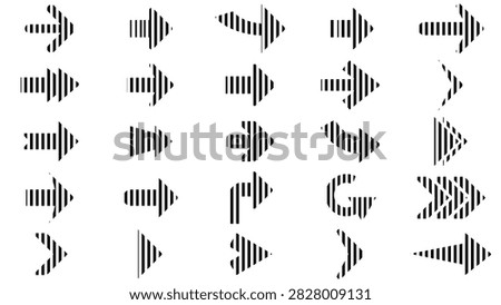 Vertical Striped Black and White Arrow Vectors Set with Linear Geometric Shapes