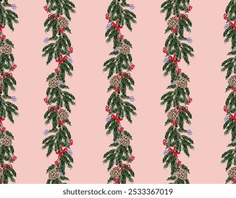 Padrão listrado vertical sem costura de Natal com decorações de Natal desenhadas à mão , Ornamento com Couqette Bows Vetor Illustration Not Ai, Design para todas as impressões 