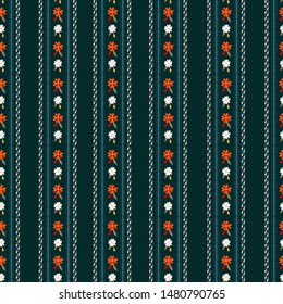 Vertical Striped flower and embroidery leaves  seamless pattern in boho mood vector ,Design for fashion, fabric, web, wallpaper, and all prints on dark green background color