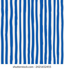 Vertical striped pattern. Blue hand drawn pattern on white background. Thick stripes. Irregular lines design. Graphic print fashion trend 2024