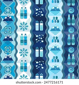 Patrón de rayas de Vertical con iconos de agua, Elementos de diseño en estilo geométrico simple plano. Fondo inconsútil con Formas abstractas. Para la marca, diseño de paquete de alimentos, textil, estampados de cocina