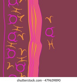Vertical striped  pattern with zodiac signs, seamless. Hand drawn.
