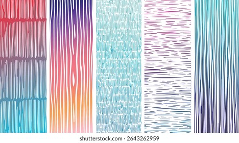 Vertical striped patterns in a gradient color palette of teal blue purple pink orange and red on a white background seamless texture design