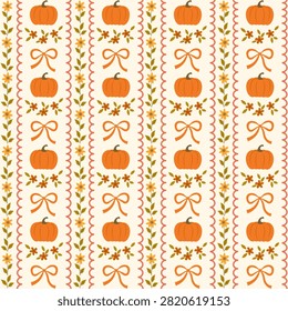 Vertical striped repeating pattern with orange pumpkins, tied ribbon bows, small flowers borders, and wavy ric-rac trim on a light cream background. Perfect for cozy autumn textiles, Thanksgiving decor, rustic fall packaging.