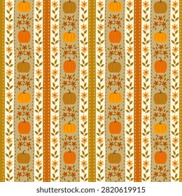 Vertical striped repeating pattern with orange and brown pumpkins, small flowers and borders with yellow blossoms, decorative brown and terracotta stripes on a beige background. Ideal for seasonal packaging, kitchen textiles, tablecloths, Thanksgiving decor, rustic branding.