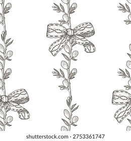 Vertical striped seamless pattern with willow and lace bow black and white background. Hand drawn vector design in vintage sketch style. Outline print ideal for wallpaper or holiday fabric and paper.