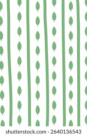 Vertical stripes alternate with rows of simple leaf shapes in a seamless pattern. Leaves are evenly spaced between lines creating a rhythmic visual effect. Cartoon vector illustration.