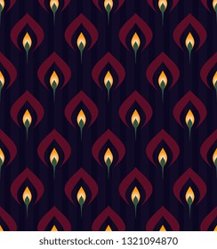 Vertical stripes background ditzy floral peacock feather motif. Ardent red flowers elegant romance pattern. Simple geometric oriental ogee print block for fabric cloth, apparel textile, garment.