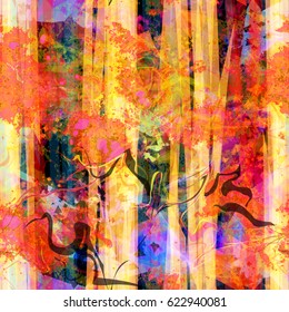 Vertical stripes and curved lines. Abstract seamless background for fabric, wrapping, home decor. Watercolor effect