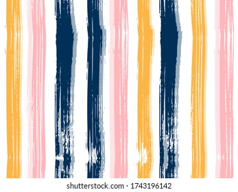 Vertical stripes of gold black gray thick and thin paint ink lines seamless vector pattern on white. In happy pastel colors.