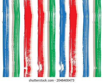 Vertical stripes of gold black gray thick and thin paint ink lines seamless vector pattern on white. In happy pastel colors.