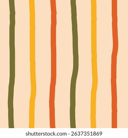 Vertical Stripes Hand drawn Seamless Pattern. Colorful wavy lines in warm earth tones with crafted vibe. Minimalist Curves Texture for textile wallpaper. Repeat vector illustration