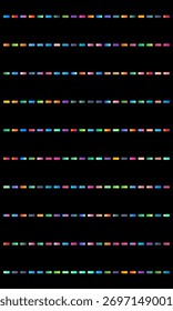Listras verticais de linhas tracejadas multicoloridas em um plano de fundo preto.