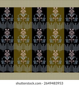 Listras verticais em um design de tecido escuro e verde-oliva e repete. intrincados padrões florais ou geométricos em rosa pálido, azul ou pixelados 