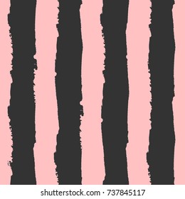 Vertical stripes painted with rough brush. Seamless pattern. Grunge, sketch, watercolor, graffiti. Black, pink colour. Vector illustration.