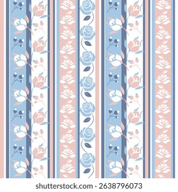 Vertical stripes of pastel flowers including roses. Sweet and structured design for fabric, gift wrap, and vintage-inspired decor.