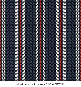Vertical stripes pattern with knitted texture. Seamless classic knit background in dark blue, bright red, and white for for everyday casual top, scarf, bag, or other modern winter textile print.