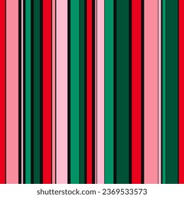 Vertical stripes seamless pattern in Christmas colors. Retro 80-90’s fashion style background. Vector colorful lines on black backdrop. Abstract geometric decorative design template. Repeat texture