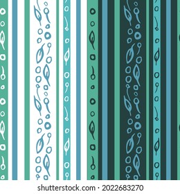 Vertical stripes seamless pattern. Hand drawn doodle ink brush stroke floral elements, cut off. Green blue color palette. Transparent background. Vector illustration