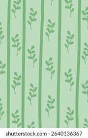 Vertical stripes with small leafy branches in a seamless pattern. Repeated botanical elements create a harmonious background. Cartoon vector illustration.