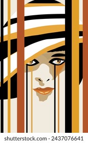 Vertical stripes are superimposed on the face of a woman in a striped hat in a surreal illustration.