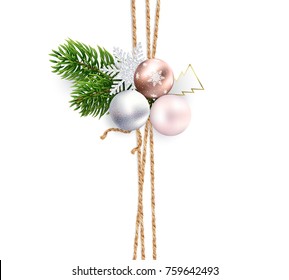 Vertical strips of linen cords for Christmas decorations, cards, packaging, background. Decoration or bouquet of composition of Christmas tree branches, toys and snowflakes on top. Realistic vector.