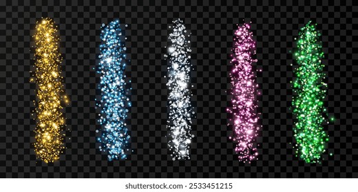 Vertical strokes of multicolored glitter, sparkles, confetti. Isolated scattering lines with light effect. Set of abstract vector elements with flares, glare and stars for creating luxurious designs.