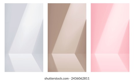 Vertical studio background of white, pink and beige color with slanting light from window. Empty monochrome 3D room template. Vector mock up for roll up banner or stories design, product presentation.