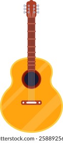 Vertical studio shot of a classic yellow acoustic guitar with brown neck, tuning pegs and strings, isolated on white background, representing music, entertainment and leisure