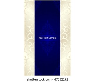 Vertical stylish template with silver beige scrolls left and right and a royal blue center with floral elements and space for our text. 7 global colors, gradients used.