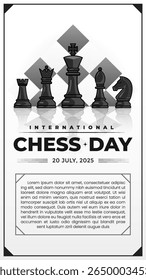 Vertical Stylized chess pieces artfully arranged on a modern design to honor International Chess Day. Featuring a grayscale theme with prominent text celebrating the annual chess appreciation event.