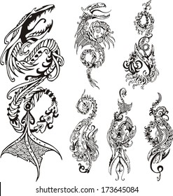 Vertical Stylized Dragon Tattoos Set Black Stock Vector (Royalty Free ...