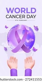 O globo roxo estilizado vertical apresenta uma fita do Dia Mundial do Câncer, com duas mãos levantadas e borboletas, transmitindo esperança, unidade e consciência global da prevenção e do apoio ao câncer.
