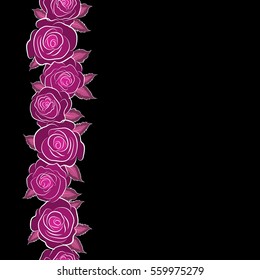 Vertical stylized roses seamless pattern. Vector illustration. Beautiful rose flowers in magenta and pink colors with copy space (place for your text).