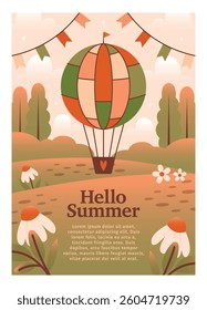 Vertical summer banner template with landscape, air balloon, flowers, bunting flags. Flyer design with text. Cute vector illustration with nature scene, rural view, trees.	
