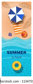 Vertical summer banner. A yellow inflatable swimming circle floats in the sea. Summer is here. Vector illustration