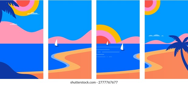 Vertical summer beach ocean view banners set. Relaxing nature landscape with palm tree, sea, boat and sun. Holiday travel destination and vacation resort summer background. Tropical paradise vector