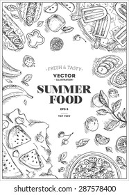 Marco de comida vertical de verano. Gráfico lineal. Ilustración del vector