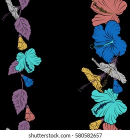 Vertical summer hawaiian seamless pattern with tropical plants and blue, yellow and purple hibiscus flowers with copy space (place for your text). Vector illustration.