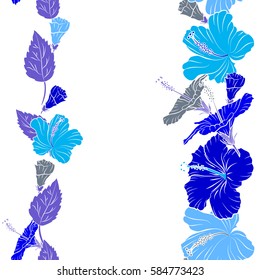 Vertical summer hawaiian seamless pattern with tropical plants and hibiscus flowers in blue and violet colors with copy space (place for your text). Vector illustration on white background.