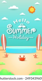 Vertical Summer holiday podium with paper cut style symbols and icons for greeting cards. Invitation background. Ideal for advertising, banners, cards, stickers and greeting card.
