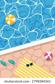 Vertical Summer Poolside Poster with Beach Balls Sunglasses and Towel Top View