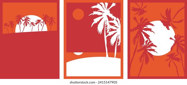 Vertical summer poster design with palm trees, sun, and moon. Simple and retro flat style. Outdoor event postcard, beach party banner, tropical vacation leaflet.