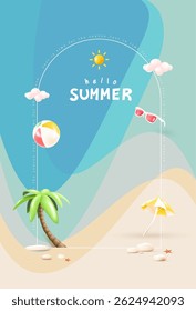 Vertical summer poster with umbrella, palm tree, beach ball, and sunglasses on abstract wave background. Perfect for seasonal ads, holiday graphics, and travel promotions.