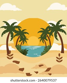 vertical Summer Solstice vector designs. Features sunny landscapes, sunflowers, beaches and trees. Ideal for seasonal cards, posters, social media stories.