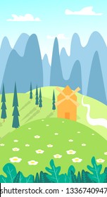 Vertical summer, spring landscape in cartoon style. Alpine meadows. Mountains, forest, meadow, chamomile, mill. Travel, vacation, picnic. Vector illustration.