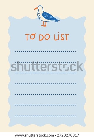 Vertical summer to-do list template with seagull illustration and blue wavy background. Includes dotted lines for notes. Great for planners, journals, and printable daily checklists.