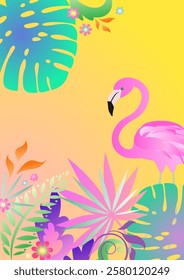 Vertical sunny poster with pink flamingo, tropical jungle plants, monstera and fern leaves for summer party invitation, social media design